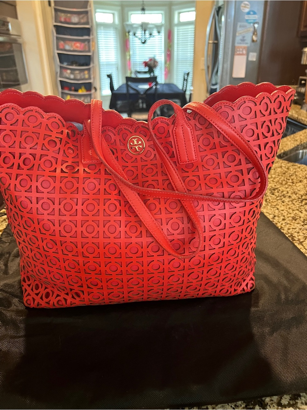 Tory Burch Coral Red LaserCut Tote Bag. EUC - Picture 2 of 11